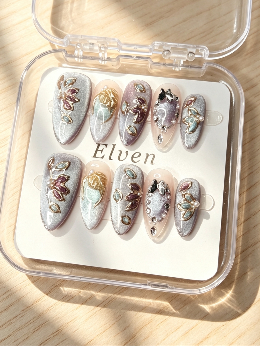 Iridescent Gemstone Cat Eye With Florals Almond Handmade Press On Nails